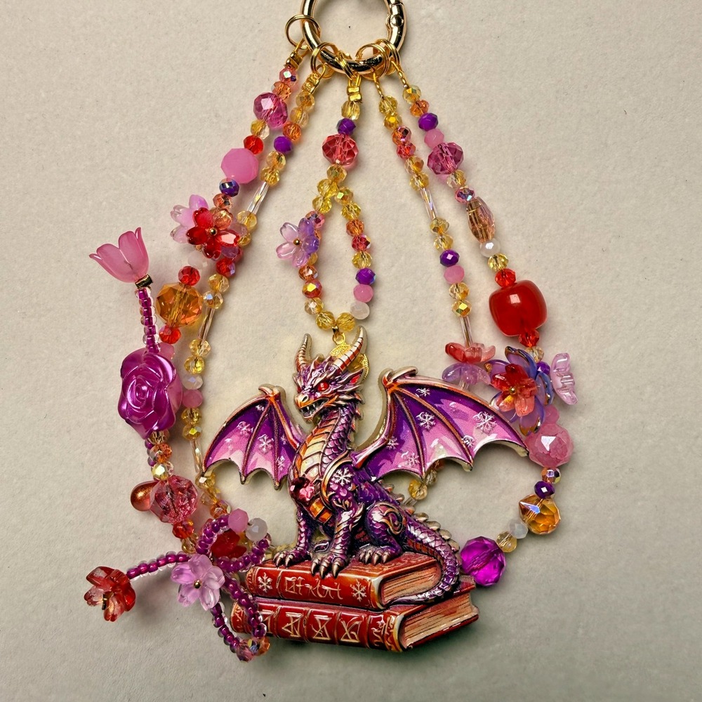 Dragon Books Phone Wristlet Keychain Pink Purple Beaded Bag Charm Handmade